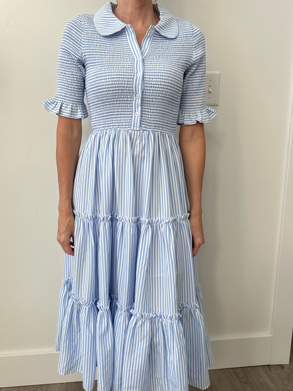 Ivy city Light Blue Striped Midi Dress with Peter Pan Collar